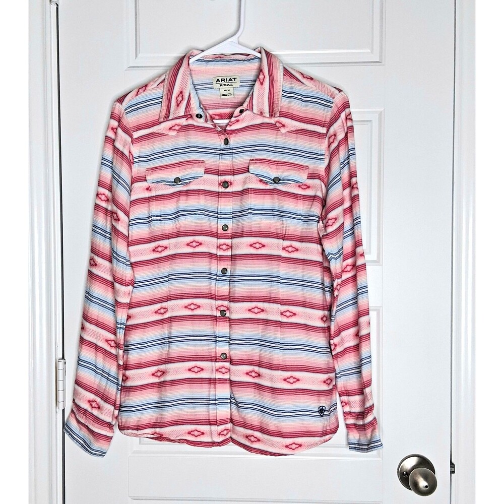 Ariat R.E.A.L. Women's Medium Pink Striped Aztec Western ButtonDown Shirt Cotton